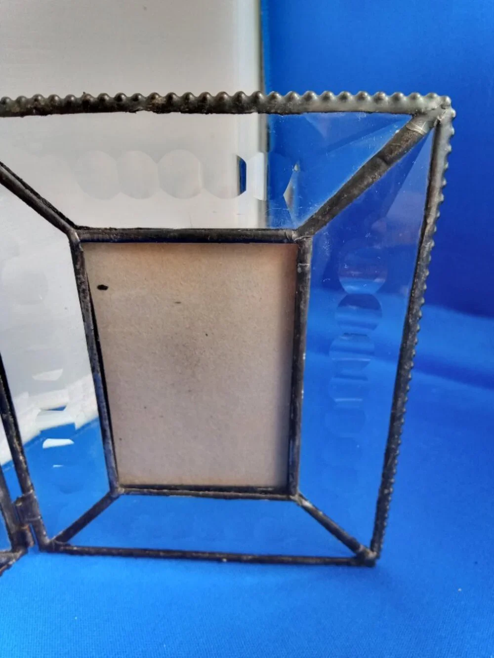 Vintage cut clear glass metal edged folding 2 part picture frame 2''x3'' picture
